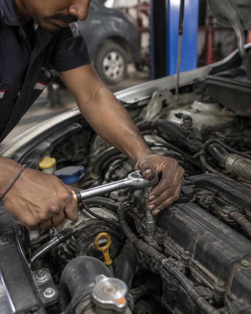 Mechanic working on an engine with professional tools