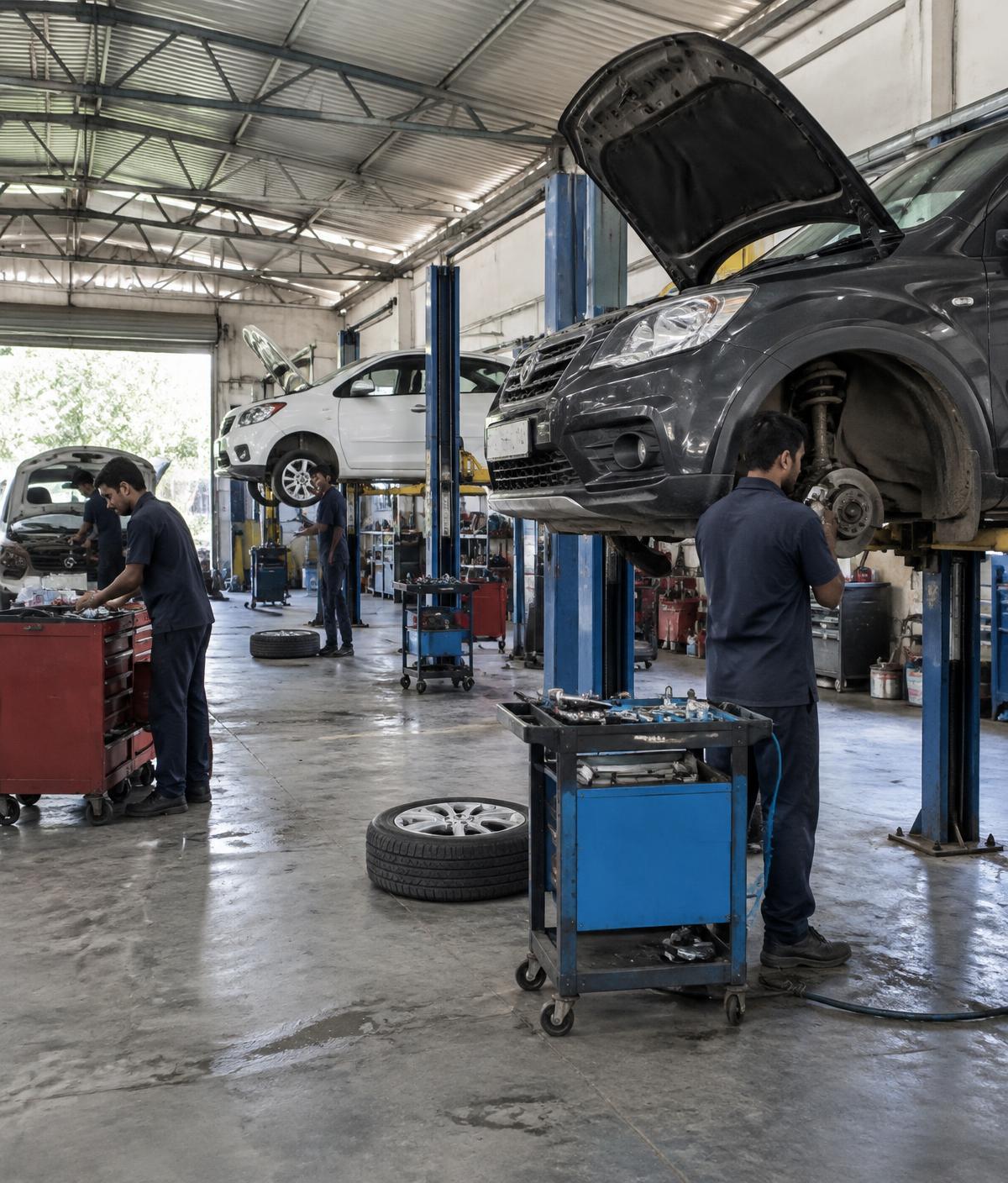 Cars on lifts in the workshop